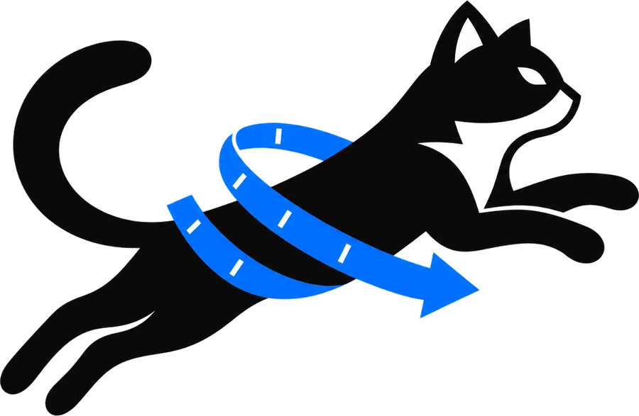 PounceFit: um gato preto saltando, com uma fita métrica azul em volta do corpo