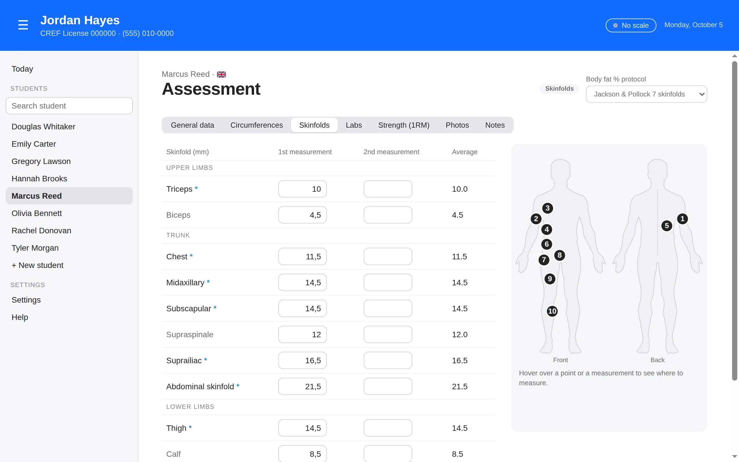 Skinfold assessment filled in on PounceFit, with the location of each site on a body chart